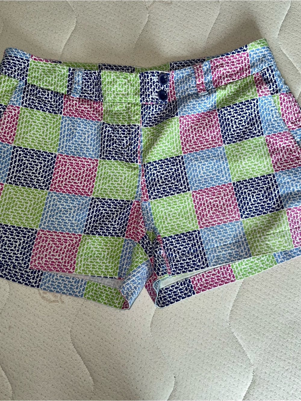 Vineyard Vines Check Print Cotton Jean Shorts in Green, Blue & Pink